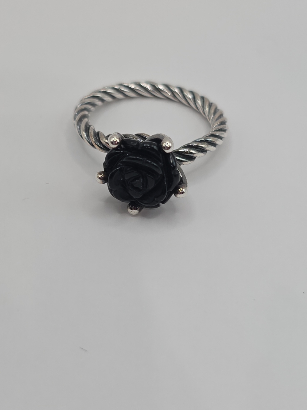 Retired Pandora Sterling Silver Black Spinel Rose Twist Ring